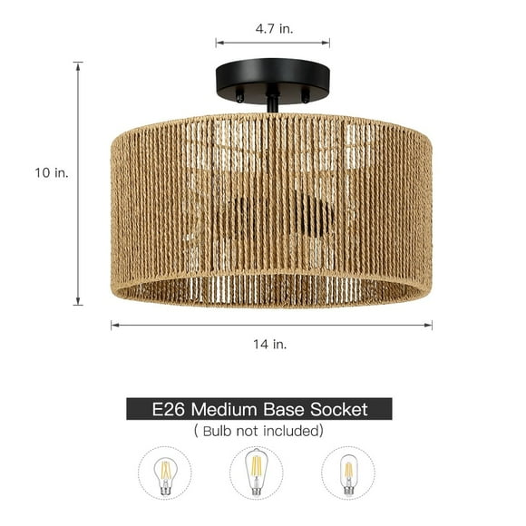 TRUE FINE Dorn 2-Light Woven Rope Drum Semi-Flush Mount Ceiling Light - 14"W