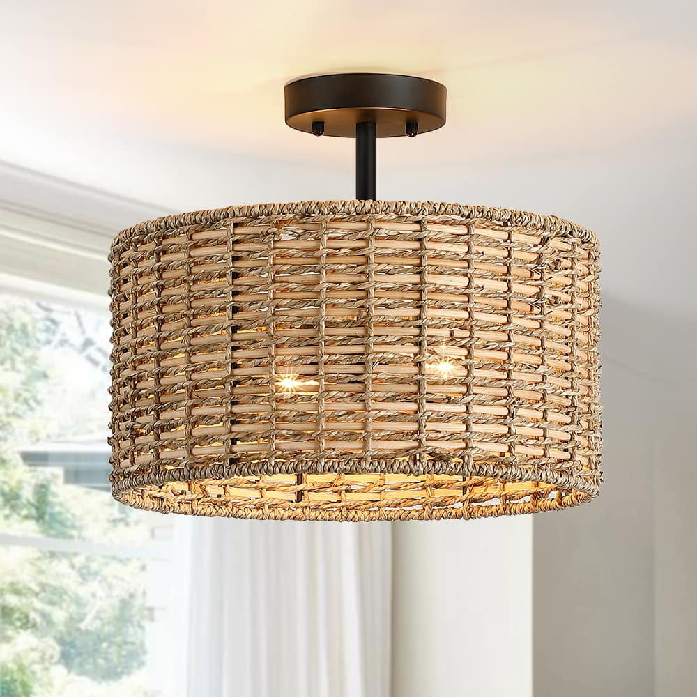 Natural Rattan Drum Semi-Flush Mount Ceiling Light with Matte Black Hardware