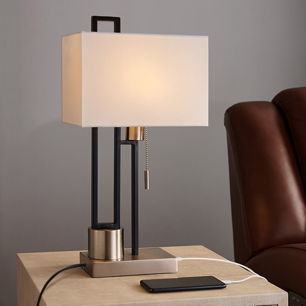 Matte Black and Brushed Nickel Table Lamp with USB Port and White Linen Shade