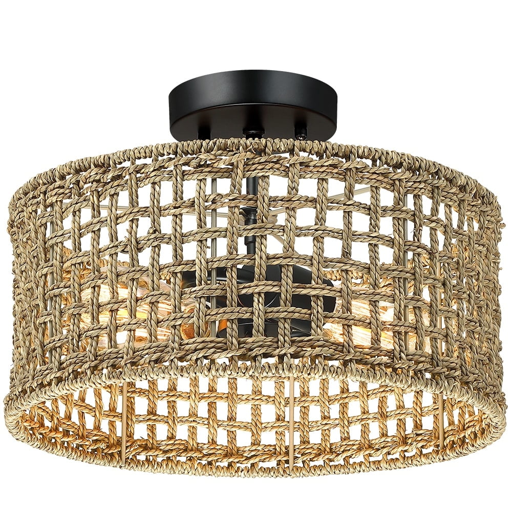Black and Natural Seagrass Drum Semi-Flush Mount Ceiling Light with LED