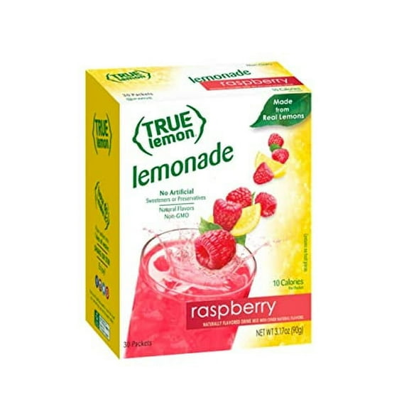 TRUE LEMON Raspberry Lemonade Drink Mix (30 Packets) Made from Real Lemon No Preservatives, No Artificial Sweeteners, Gluten Free Water Flavor Packets & Water Enhancer with Stevia