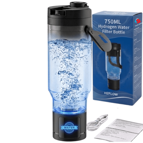 H2FILTER Hydrogen Water Bottle with Alkaline Filter | up to 3007 PPB H2 | Premium 3-in-1 Hydrogen Water Generator, Alkaline Water Creator, and Filter W Straw | 750 mL