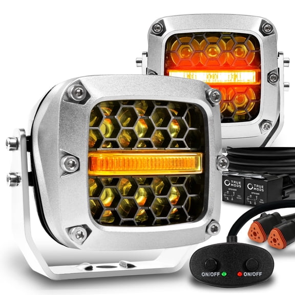 TRUE MODS 3" 120W Amber LED Pods Offroad Driving Light Cube [Amber Turn Signal Marker Light] Off-Road Lights for UTV ATV Jeep Wrangler Truck Pick-Up Auto - Chrome