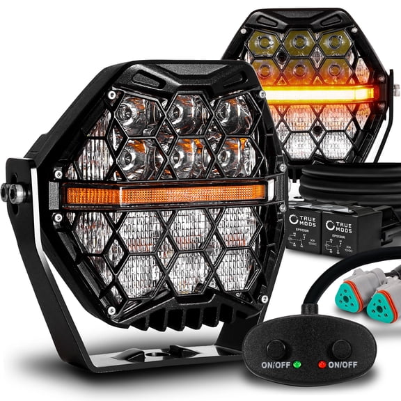 TRUE MODS 80W 5" Round LED Pods Offroad Light Pair Set [Side Shooter Optics] [Amber Turn Signal Marker Light] Off-Road Fog Driving Lights for UTV ATV Jeep Wrangler SxS 4x4 Truck Pick-Up Auto - Black