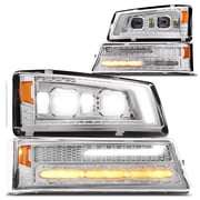 TRUE MODS Chrome Full LED Headlight Assembly Replacement for Chevrolet 2003-2006 Chevy Silverado Cateye 1500 2500 3500 HD 03-06 Avalanche 1500 2500HD [DOT] DRL Amber Sequential Turn Signal Projector