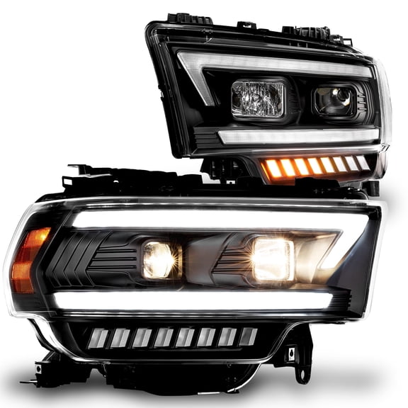 TRUE MODS Projector Optic Headlight Assembly Replacement for 2019-2024 Dodge Ram 2500 3500 w/OE Halogen Bulb DOT LED Sequential Turn Signal Custom Aftermarket Driver Passenger High Low Beam Headlamp