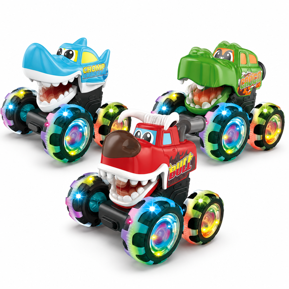 TRUELAY 3 Pack Light Up Monster Trucks for Kids, Press and Go Friction Powered Toy Cars with Big Wheels, Shark Bull Crocodile Vehicle Set