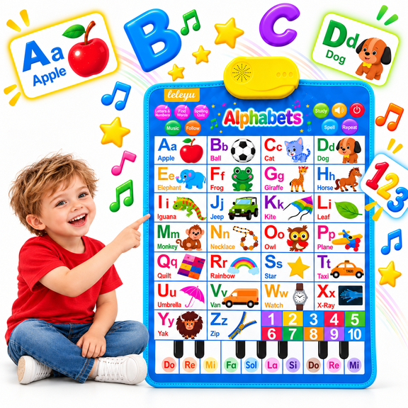 TRUELAY Electronic Alphabet Wall Chart for Kids, Interactive Talking ABC & 123 Learning Poster with Words, Spelling Quiz, Music, Piano and Hanging Hook, Blue