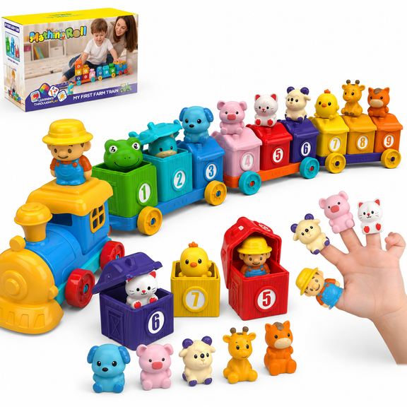 TRUELAY Train Toy Set, Connectable Number Cars with 9 Animal Figures and Farmer Figure, Ages 4-6