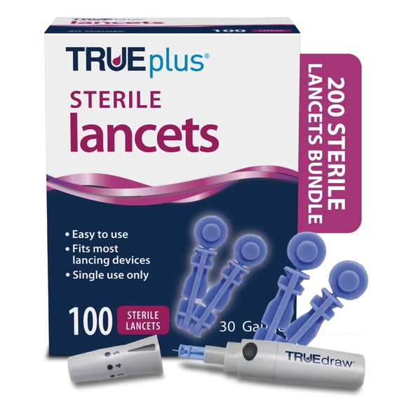 TRUEplus Lancets Bundle, 200 Sterile 30G Lancets, Lancing Device, Logbook