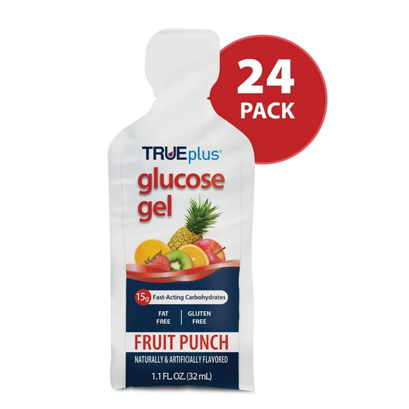 TRUEplus Glucose Gel Pouch, 15g Fast-Acting Carbohydrates, Fruit Punch Flavor, 24 Pack