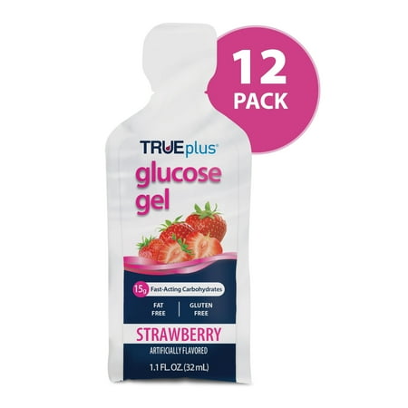 TRUEplus Glucose Gel Pouch, 15g Fast-Acting Carbohydrates, Strawberry Flavor, 12 Pack