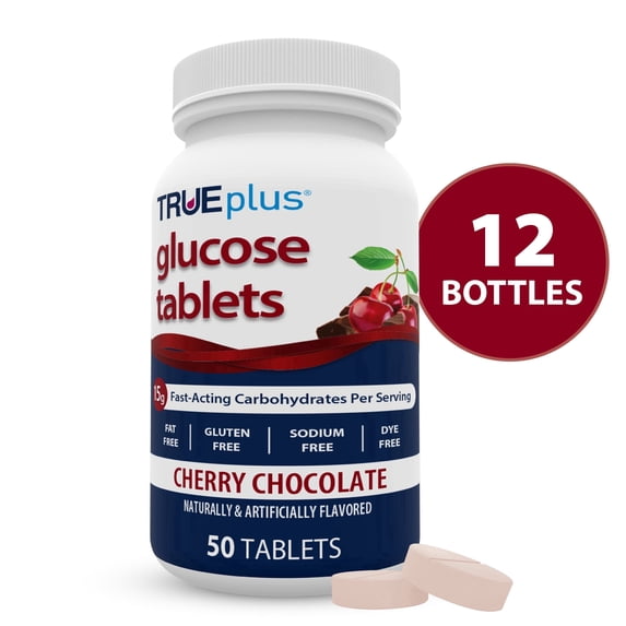 TRUEplus Glucose Tablets, Chewable, Cherry Chocolate Flavor, 50 Count, 12 Bottles