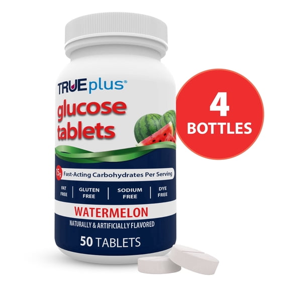 TRUEplus Glucose Tablets, Chewable, Watermelon Flavor, 50 Count, 4 Bottles