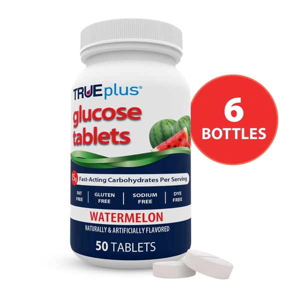 TRUEplus Glucose Tablets, Chewable, Watermelon Flavor, 50 Count, 6 Bottles