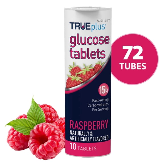 TRUEplus Glucose Tablets, Chewable, Raspberry Flavor, 15g Fast-Acting Carbs, 10 Count, 72 Tubes