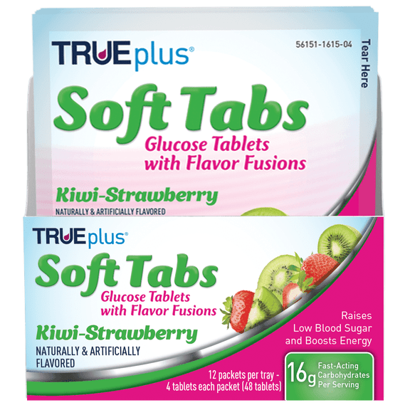 TRUEplus® Soft Tabs Glucose Tablets – 12 Packs – 48 tabs (Kiwi-Strawberry)