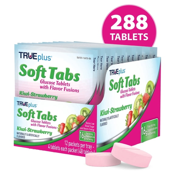 TRUEplus Soft Tabs Glucose Tablets, Chewable, 16g Carbs, Kiwi Strawberry, 4 Count, 72 Packs