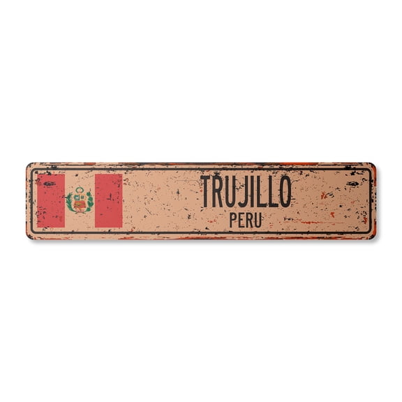 TRUJILLO PERU Vintage Plastic Street Sign Peruvian flag city country road wall gift | Indoor/Outdoor | 18" Wide