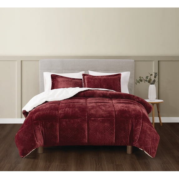 TRULY SOFT Basket Carved Faux Fur Cabernet King 3 Piece Comforter Set, Textured Solid Color, Adult Bedding, Oeko-TEX Certified