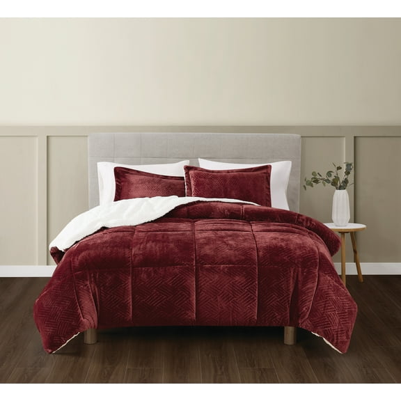 TRULY SOFT Basket Carved Faux Fur Cabernet Twin/Twin XL 2 Piece Comforter Set, Textured Solid Color, Adult Bedding, Oeko-TEX Certified