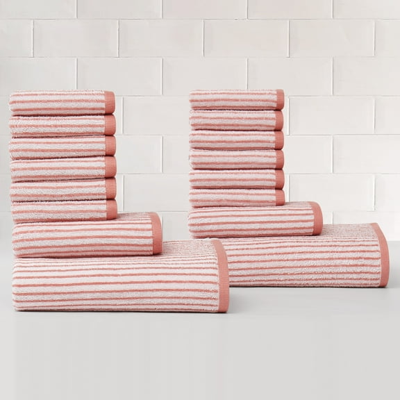 TRULY SOFT Essential Yarn Dye Stripe Rose 16 Piece Towel Set, Striped Jacquard Themed, for Men and Women, Oeko-TEX Certified Confidence