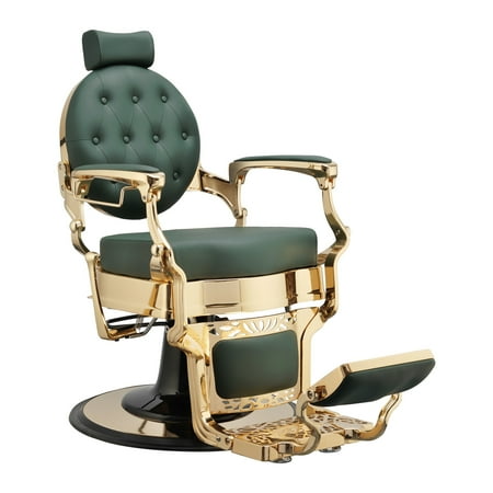TRUMAN Vintage Barber Chair, Reclining Heavy Duty Barber Chair, Green Seat Gold Frame