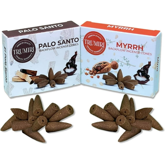 TRUMIRI Backflow Incense Cones - Combo Pack of 20 Incense Cones Waterfall - 10 Myrrh + 10 Palo Santo - Incense Backflow Cones - Waterfall Incense Cones - Incense Waterfall Cones