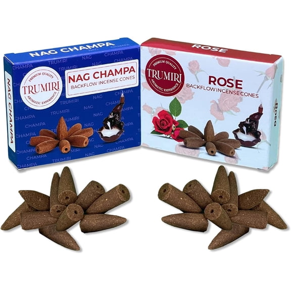 TRUMIRI Backflow Incense Cones - Combo Pack of 20 Incense Cones Waterfall - 10 Nag Champa + 10 Rose - Incense Backflow Cones - Waterfall Incense Cones - Incense Waterfall Cones