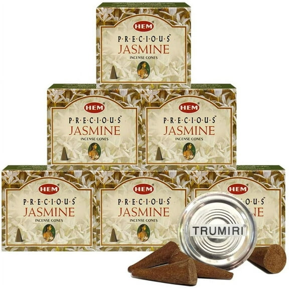 TRUMIRI Incense Cone Holder Bundle with Hem Precious Jasmine Incense Cones - Pack of 6 (Approx 60 Cones)