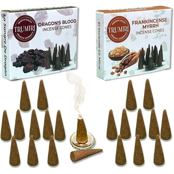 TRUMIRI Incense Cones - Combo Pack of 20 Cone Incense - 10 Frankincense Myrrh + 10 Dragons Blood - Insence Cones - Incense Cones Scented - Cone Incense Scents - Insense Cones - Incent Cone