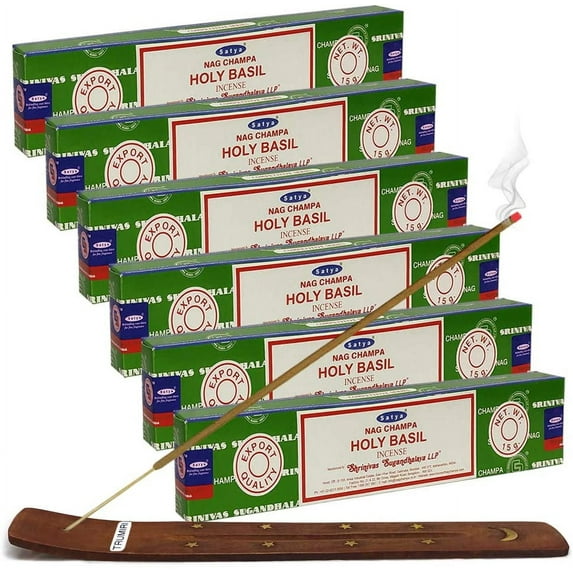TRUMIRI Incense Stick Holder Bundle with Satya Nag Champa Holy Basil 15g Incense Sticks - Pack of 6 (Approx 90 Sticks)