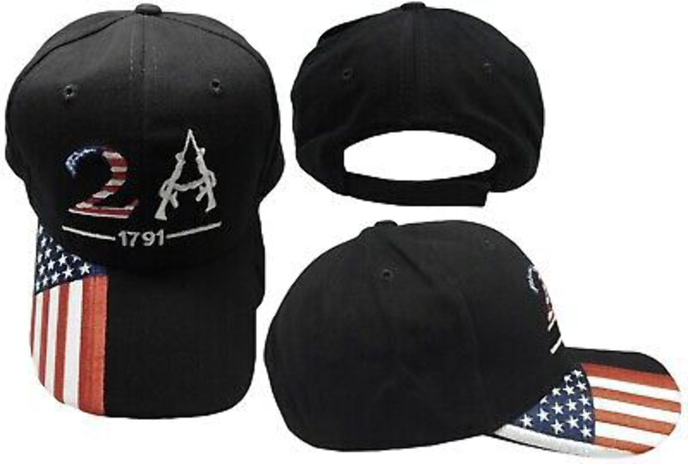 TRUMP 2024 2A USA Overlay 1791 2nd Amendment USA Flag On Bill Black Cap Hat