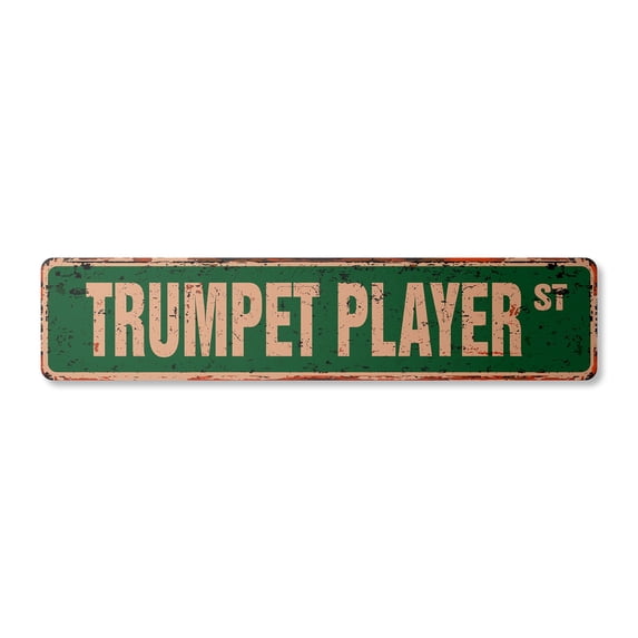 TRUMPET PLAYER Vintage Aluminum Street Sign marching bands new music lessons rustic metal tin | Indoor/Outdoor | 18" Wide