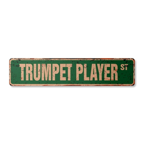 TRUMPET PLAYER Vintage Plastic Street Sign marching bands new music lessons | Indoor/Outdoor | 24" Wide