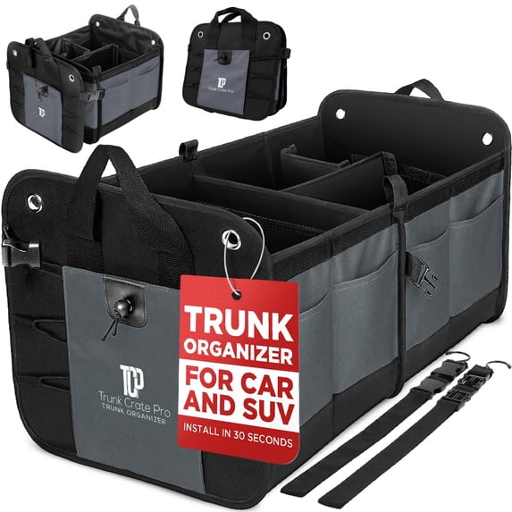 TRUNKCRATEPRO Trunk Organizer For Car, Suv, Truck | Premium Adjustable Multi Compartments Collapsible Car Trunk Organizer With Securing Straps & Non-Slip Bottom (Large Size, Grey) C104