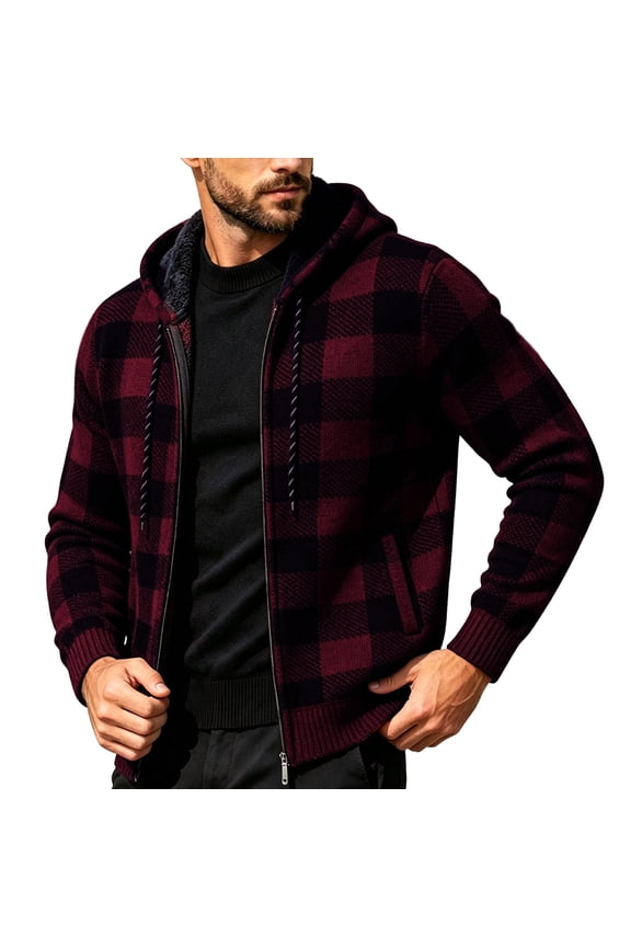 Fleece Plaid Hooded Jackets for Men Zip Up Drawstring Long Sleeves Warm Thick Fall Winter Coats with Pockets,Red,Size XL