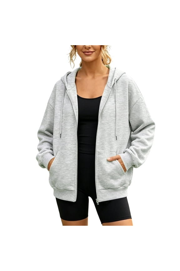 Full Zip Up Hoodies for Women Casual Oversized Long Sleeve Drawstring Cute Hooded Sweatshirts with Pockets for Fall Winter,Gray,Size L