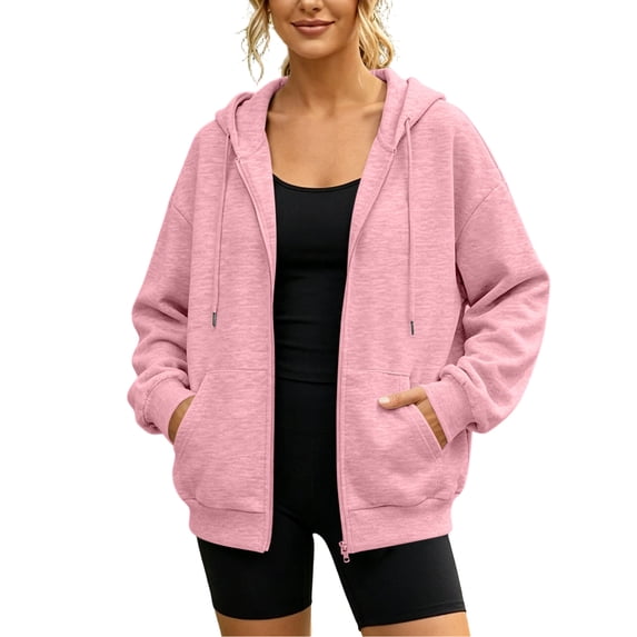 TRUNZI Full Zip Up Hoodies for Women Casual Oversized Long Sleeve Drawstring Cute Hooded Sweatshirts with Pockets for Fall Winter,Pink,Size 2XL