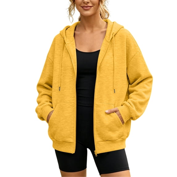 TRUNZI Full Zip Up Hoodies for Women Casual Oversized Long Sleeve Drawstring Cute Hooded Sweatshirts with Pockets for Fall Winter,Yellow,Size S
