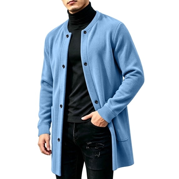 TRUNZI Men's Button Down Fleece Coats Long Sleeves Open Front Crewneck Casual Warm Fall Winter Jackets with Side Pockets,Light Blue,Size 3XL