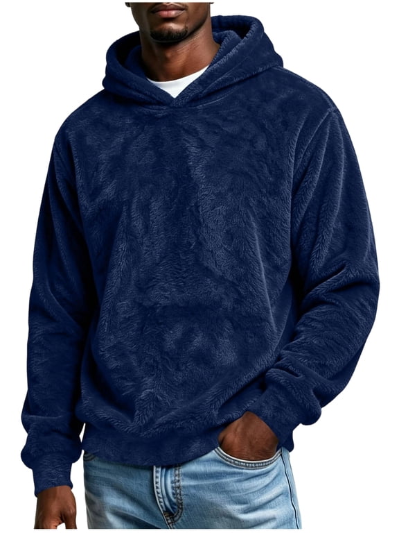 Men's Sherpa Fleece Hoodies Long Sleeves Loose Thick Warm Fall Winter Fuzzy Pullover Hooded Sweatshirts,Navy,Size XL