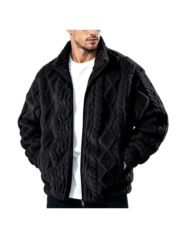 Mens Sherpa Fleece Jackets Long Sleeves Zip Up Casual Thick Warm Comfy Faux Fur Jackets with Pockets,Black,Size L