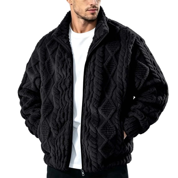 TRUNZI Mens Sherpa Fleece Jackets Long Sleeves Zip Up Casual Thick Warm Comfy Faux Fur Jackets with Pockets,Black,Size M