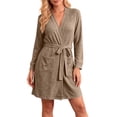 thumbnail image 1 of TRUNZI Robes for Women Long Sleeve Ribbed Knit Tie Waist Soft Comfy Loose Loungewear Short Bathrobes with Pockets,Brown,Size 2XL, 1 of 7