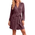 thumbnail image 1 of TRUNZI Robes for Women Long Sleeve Ribbed Knit Tie Waist Soft Comfy Loose Loungewear Short Bathrobes with Pockets,Purple,Size S, 1 of 7