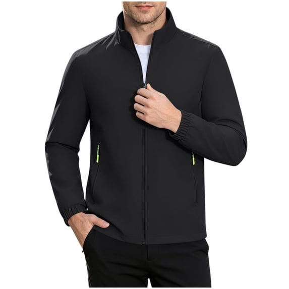 TRUNZI Water‑Resistant Jackets for Men Zip Up Long Sleeves Stand Collar Lightweight Elastic Cuff Windbreaker Casual Outerwear with Zipper Pockets,Black,Size 3XL