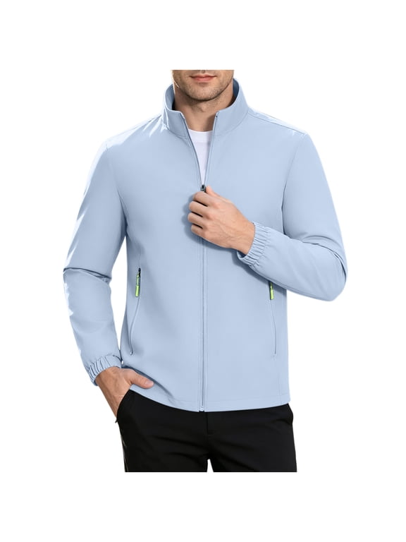 Water‑Resistant Jackets for Men Zip Up Long Sleeves Stand Collar Lightweight Elastic Cuff Windbreaker Casual Outerwear with Zipper Pockets,Light Blue,Size L