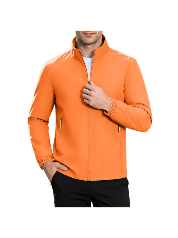 Water‑Resistant Jackets for Men Zip Up Long Sleeves Stand Collar Lightweight Elastic Cuff Windbreaker Casual Outerwear with Zipper Pockets,Orange,Size 3XL