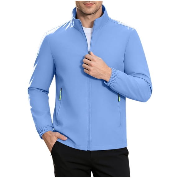 TRUNZI Water‑Resistant Jackets for Men Zip Up Long Sleeves Stand Collar Lightweight Elastic Cuff Windbreaker Casual Outerwear with Zipper Pockets,Sky Blue,Size XS